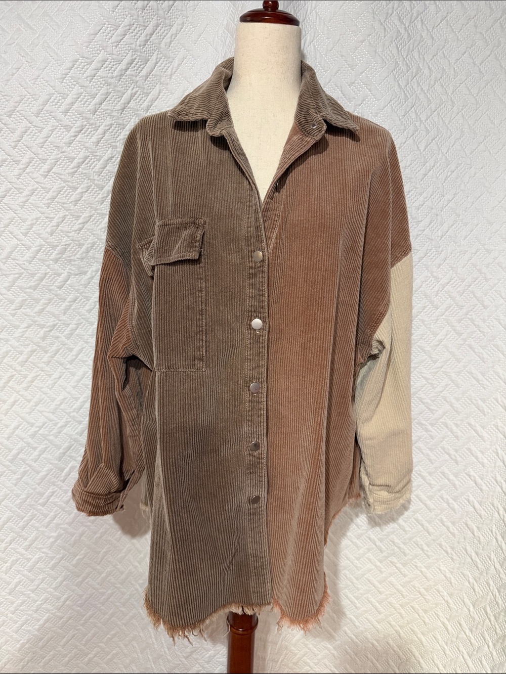 POL Two-Tone Corduroy Button-Down Shirt Jacket in Brown and Cream